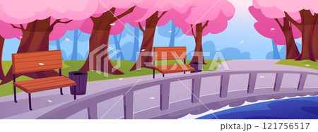 Vector illustration with blooming Japanese sakura creates a landscape with pink petals in the air. 121756517