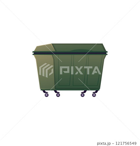 Trash can flat vector icon, cartoon garbage bin on wheels, public outdoor green big container for waste isolated Trash can flat vector icon, cartoon garbage bin on wheels, public outdoor green big container for waste isolated 121756549