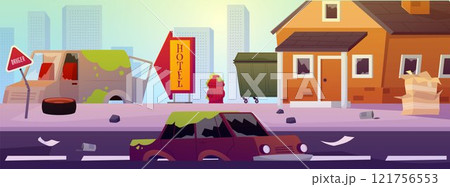 Vector images of abandoned city with destroyed buildings, garbage, cars covered with green radioactive waste. 121756553