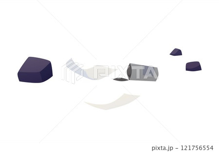 Overturned, destroyed trash can with scattered waste vector flat icon, cartoon broken garbage bin with cobblestones 121756554