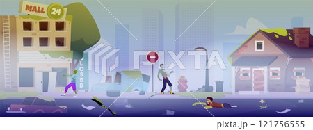 A vector scene with creepy Zombies roaming an abandoned city shrouded in fog. A vector scene with creepy Zombies roaming an abandoned city shrouded in fog. 121756555