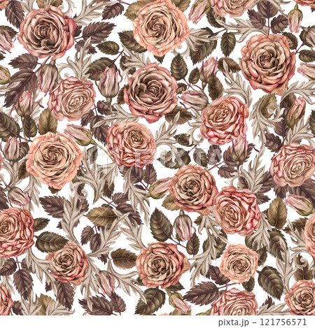 Seamless pattern with pink roses. Floral background in mocha mousse color. Botanical vintage template for wedding, Valentine's Day, textile, bed linen, tablecloth, wrapping paper, gift, tableware 121756571