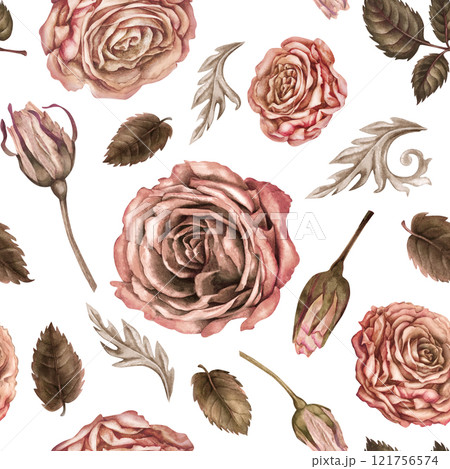 Seamless pattern with pink roses. Floral background in mocha mousse color. Botanical vintage template for wedding, Valentine's Day, textile, bed linen, tablecloth, wrapping paper, gift, tableware 121756574