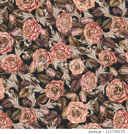 Seamless pattern with pink roses. Floral background in mocha mousse color. Botanical vintage template for wedding, Valentine's Day, textile, bed linen, tablecloth, wrapping paper, gift, tableware 121756575