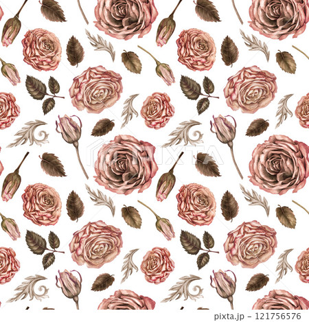 Seamless pattern with pink roses. Floral background in mocha mousse color. Botanical vintage template for wedding, Valentine's Day, textile, bed linen, tablecloth, wrapping paper, gift, tableware 121756576