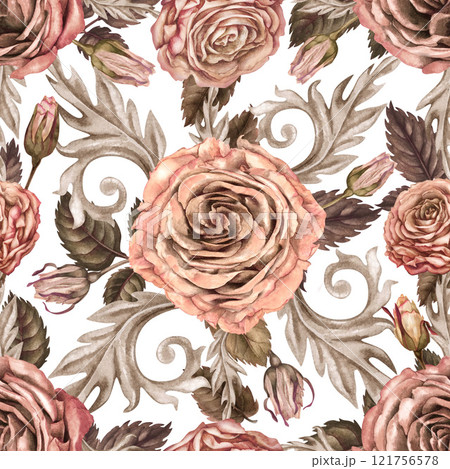 Seamless pattern with pink roses. Floral background in mocha mousse color. Botanical vintage template for wedding, Valentine's Day, textile, bed linen, tablecloth, wrapping paper, gift, tableware Seamless pattern with pink roses. Floral background in mocha mousse color. Botanical vintage template for wedding, Valentine's Day, textile, bed linen, tablecloth, wrapping paper, gift, tableware 121756578