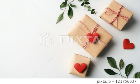 wrapped gift boxes with kraft paper, adorned with red hearts and twine, surrounded by green leaves 121756637