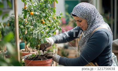 a woman wearing a patterned hijab and gloves, tending to a potted plant with small orange fruits in a garden 121756638