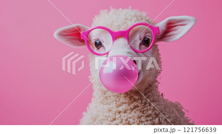 a fluffy lamb wearing bright pink glasses and blowing a pink bubble gum, pink background a fluffy lamb wearing bright pink glasses and blowing a pink bubble gum, pink background 121756639