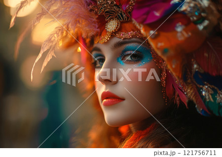 Female with colorful feathered headpiece and glitter makeup. Mardi Gras 121756711