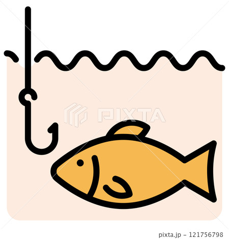 Fishing line icon. Fish and hook in the water outline vector sign. Linear style pictogram. Symbol, logo illustration. Editable stroke. Fishing line icon. Fish and hook in the water outline vector sign. Linear style pictogram. Symbol, logo illustration. Editable stroke. 121756798