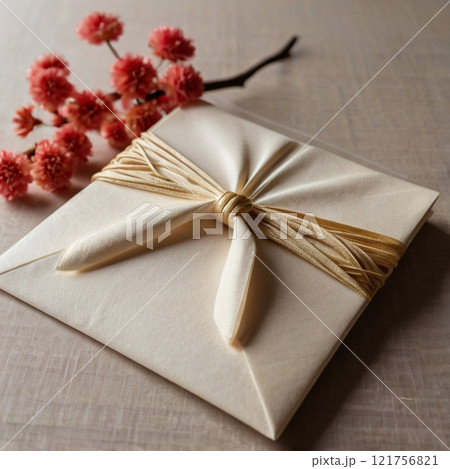 Elegant gift envelope with golden ribbon and pink cherry blossoms.  121756821