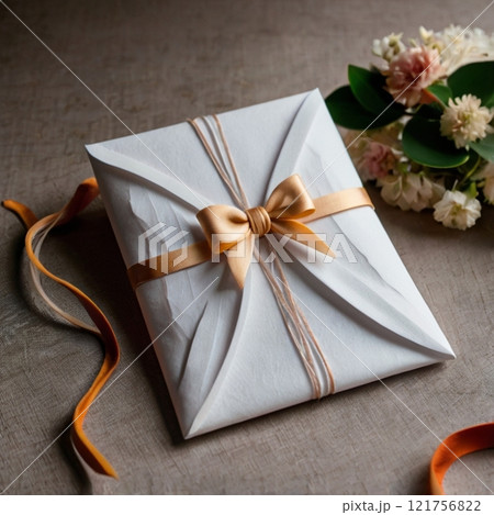 Elegant gift wrapped in white paper with a golden bow on a table.  121756822