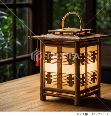 Traditional bamboo lantern with warm light on wooden table.  121756823