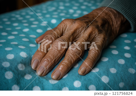 Close-up of an elderly hand resting on a polka-dotted fabric, showcasing wrinkles, age spots, and life journey. 121756824