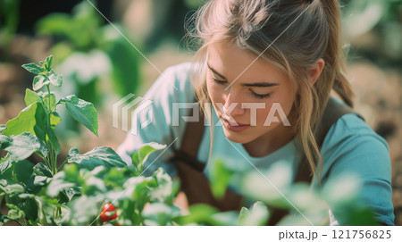 A young woman tending to plants in a garden, focused on nurturing growth and embracing nature beauty. 121756825