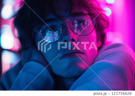 A thoughtful individual in neon lighting, reflected code on glasses, immersed in futuristic and digital ambiance. 121756826