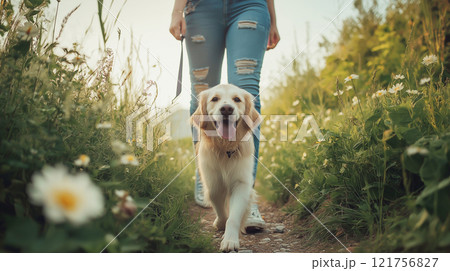 Golden retriever joyfully walking along a nature trail surrounded by wildflowers, enjoying the fresh outdoor air. 121756827