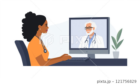 Illustration of a virtual consultation with a female healthcare professional speaking to a doctor on a computer screen. 121756829