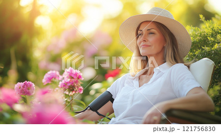A woman relaxes in a garden chair, surrounded by blooming flowers, enjoying the sunlight in a peaceful setting. 121756830
