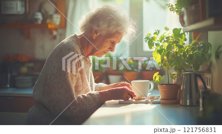 An elderly woman enjoys a quiet moment at her kitchen table, surrounded by potted plants and morning sunlight. 121756831