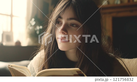 A serene young woman reading a book by the window, basking in soft natural light and enjoying a peaceful moment. 121756832