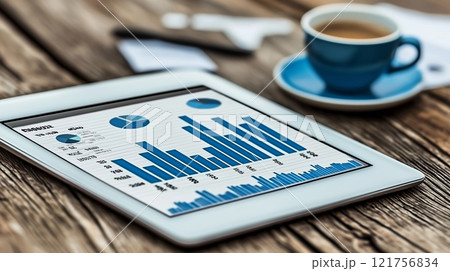 Digital tablet displaying analytics and graphs on a wooden table with a cup of coffee, perfect for business planning. 121756834