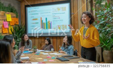 A confident woman presenting in a collaborative meeting, with charts on a screen and team members engaged in discussion. 121756835
