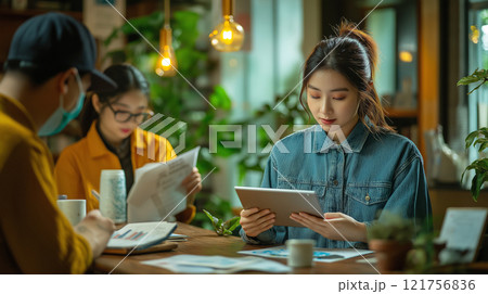 A focused young woman working on a tablet in a cozy cafe, surrounded by colleagues reading and analyzing documents. 121756836