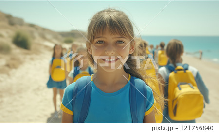 Smiling girl in blue and yellow uniform with backpack leads a group of children on a sunny school beach outing. 121756840