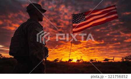 A soldier silhouetted at sunset, standing by the American flag with helicopters in the distance under a dramatic sky. A soldier silhouetted at sunset, standing by the American flag with helicopters in the distance under a dramatic sky. 121756852
