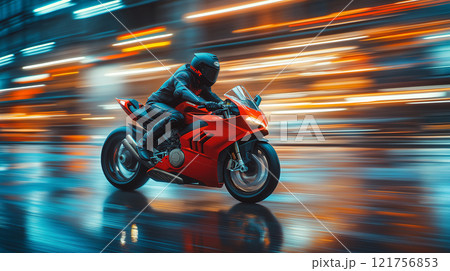 A sleek red motorcycle speeding through a city with blurred lights, showcasing power, speed, and urban energy. A sleek red motorcycle speeding through a city with blurred lights, showcasing power, speed, and urban energy. 121756853