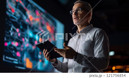 A professional presenting data insights with a tablet, illuminated by a futuristic screen displaying analytics. A professional presenting data insights with a tablet, illuminated by a futuristic screen displaying analytics. 121756854