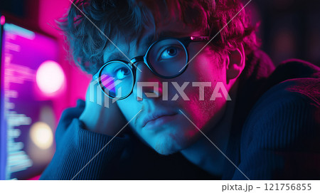 A young programmer in glasses, lit by vibrant pink and blue lights, contemplates coding on a neon-lit workstation. A young programmer in glasses, lit by vibrant pink and blue lights, contemplates coding on a neon-lit workstation. 121756855