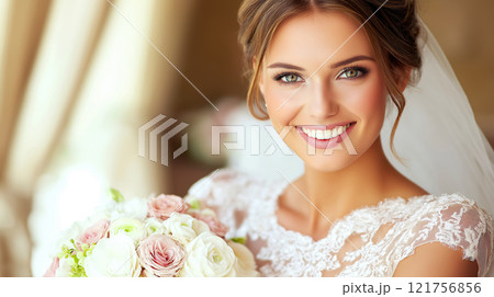 A radiant bride in a lace wedding dress holds a pastel bouquet, smiling brightly on her special day in soft lighting. A radiant bride in a lace wedding dress holds a pastel bouquet, smiling brightly on her special day in soft lighting. 121756856