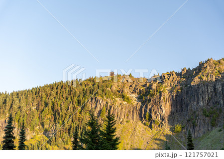 Fire Lookout Tower on a Ridge in Mt. Rainier National Park at Sunrise. 121757021