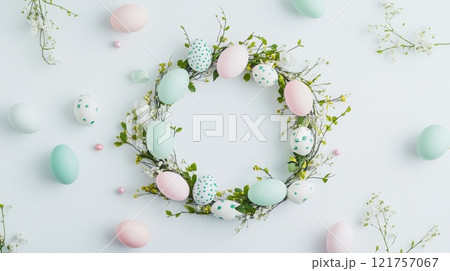 Pastel colored Easter egg wreath decorated with fresh green leaves, delicate white flowers, and scattered eggs on light background Pastel colored Easter egg wreath decorated with fresh green leaves, delicate white flowers, and scattered eggs on light background 121757067