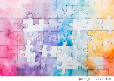 Puzzle pieces with a watercolor texture. 121757186