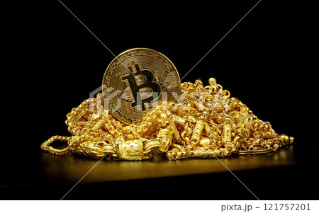 Gold metal bitcoin logo - crypto currency and heap of gold jewelry on black background Gold metal bitcoin logo - crypto currency and heap of gold jewelry on black background 121757201