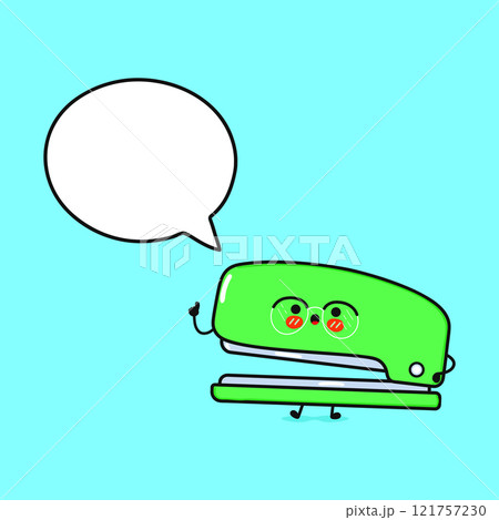 Stapler with speech bubble. Vector hand drawn cartoon kawaii character illustration icon. Isolated on blue background. Stapler character concept 121757230