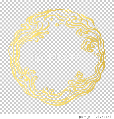 Japanese style line drawing illustration with golden brush strokes. Dynamic and blurred waves with circular ink brush strokes. Ocean and splashes concept 121757421