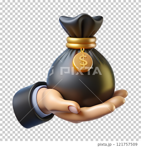 Human hand holding black bag of money with golden dollar coins 3d illustration isolated 121757509