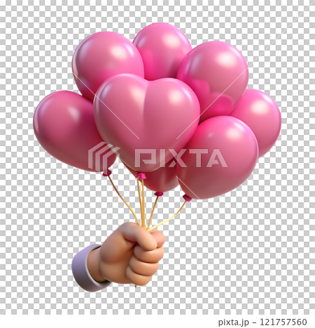 Human hand holding pink heart-shaped balloons 3d illustration isolated on the transparent background Human hand holding pink heart-shaped balloons 3d illustration isolated on the transparent background 121757560