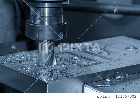 The plunge cutting  process on NC milling machine with flat end mill tools. 121757682