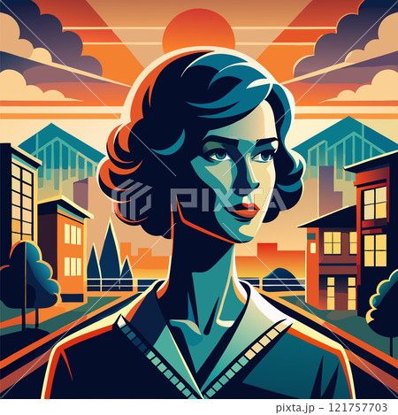 Confident woman avatar with retro hairstyle in vibrant cityscape at sunset 121757703