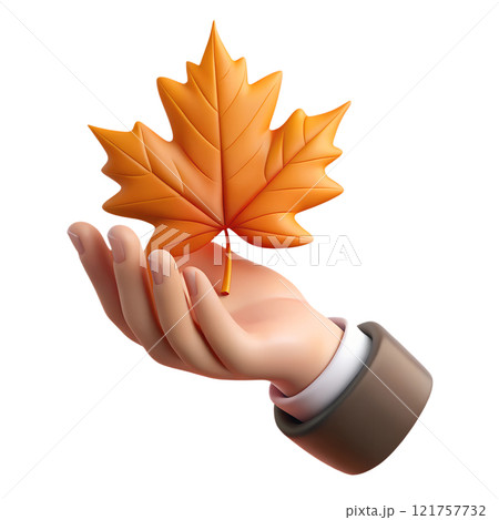 Human hand holding autumn orange maple leaf 3d rendered illustration isolated Human hand holding autumn orange maple leaf 3d rendered illustration isolated 121757732