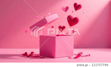 pink open gift box, representing the excitement and magic of holiday surprises. Minimal pink background for Mother's day and Valentine's Day 121757740