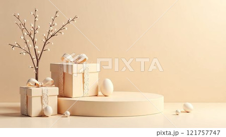 round podium for product presentation. Spring branches and flowers, Easter eggs on a beige background. The concept of a layout with space to copy 121757747