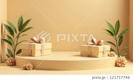 Gift boxes surrounded by lush greenery and flowers emphasize the herbal essence of cosmetic items Gift boxes surrounded by lush greenery and flowers emphasize the herbal essence of cosmetic items 121757748