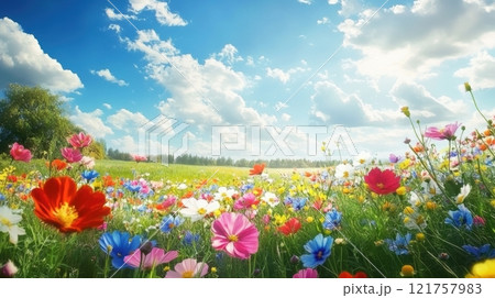Lush field of multicolored wildflowers under bright blue sky with fluffy clouds, representing joy and renewal of springtime. Lush field of multicolored wildflowers under bright blue sky with fluffy clouds, representing joy and renewal of springtime. 121757983